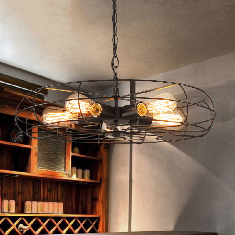 Round Caged Restaurant Ceiling Pendant Industrial Iron 5-Bulb 19