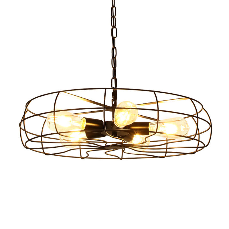 Round Caged Restaurant Ceiling Pendant Industrial Iron 5-Bulb 19