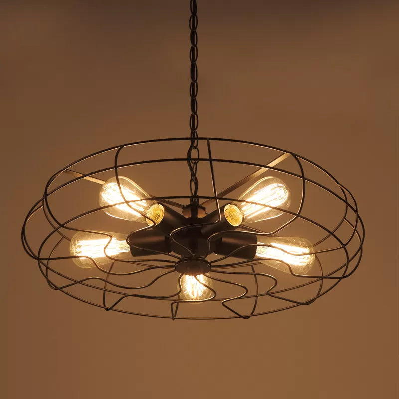 Round Caged Restaurant Ceiling Pendant Industrial Iron 5-Bulb 19