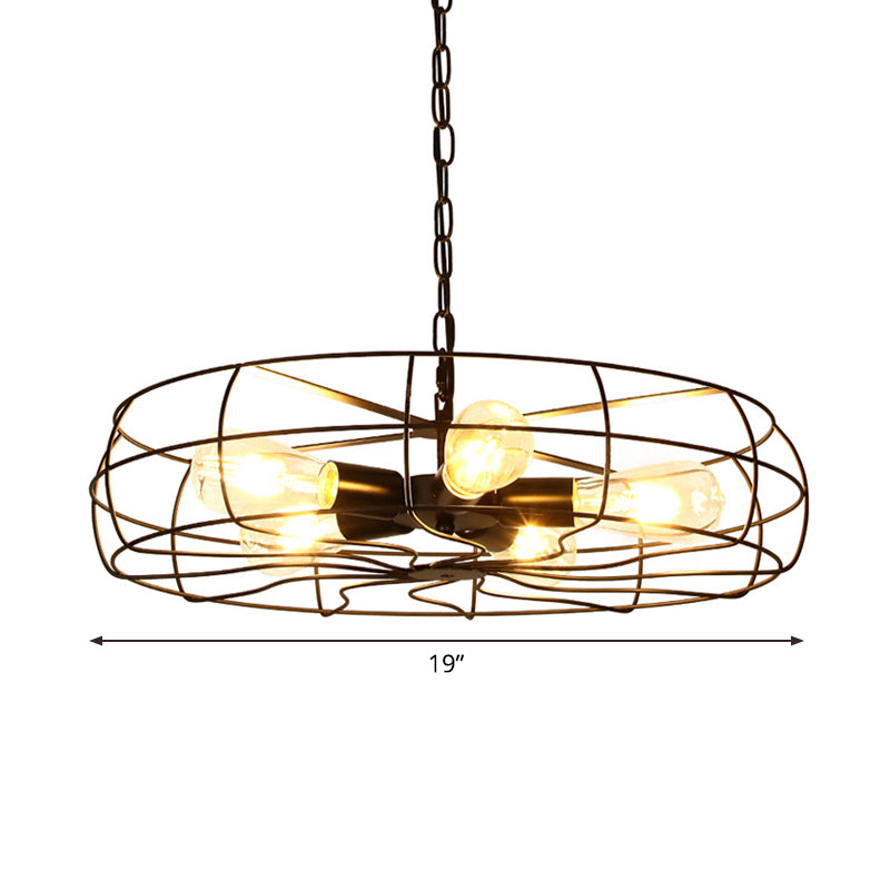 Round Caged Restaurant Ceiling Pendant Industrial Iron 5-Bulb 19