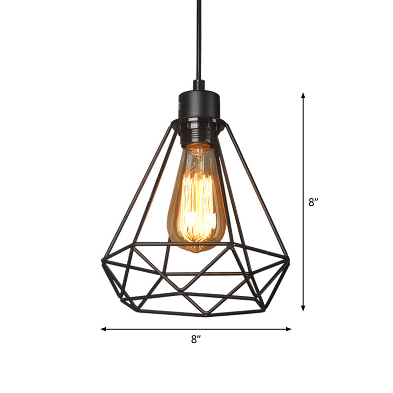 Iron Diamond Hanging Light Fixture Industrial Style 1 Bulb Bedside Pendulum Light in Black Clearhalo 'Art Deco Pendants' 'Black' 'Cast Iron' 'Ceiling Lights' 'Ceramic' 'Crystal' 'Industrial Pendants' 'Industrial' 'Metal' 'Middle Century Pendants' 'Pendant Lights' 'Pendants' 'Rustic Pendants' 'Tiffany' Lighting' 1969088