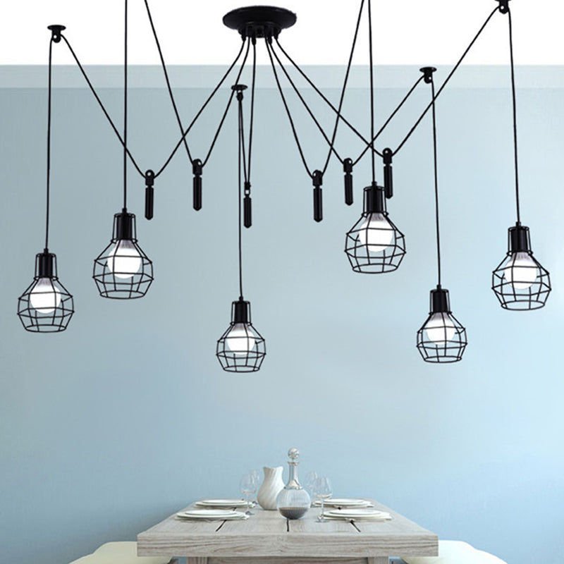 6 Lights Caged Swag Pendant Lighting Industrial Black Iron Multiple Hanging Light with Pulley Black Clearhalo 'Art Deco Pendants' 'Black' 'Cast Iron' 'Ceiling Lights' 'Ceramic' 'Crystal' 'Industrial Pendants' 'Industrial' 'Metal' 'Middle Century Pendants' 'Pendant Lights' 'Pendants' 'Rustic Pendants' 'Tiffany' Lighting' 1969233