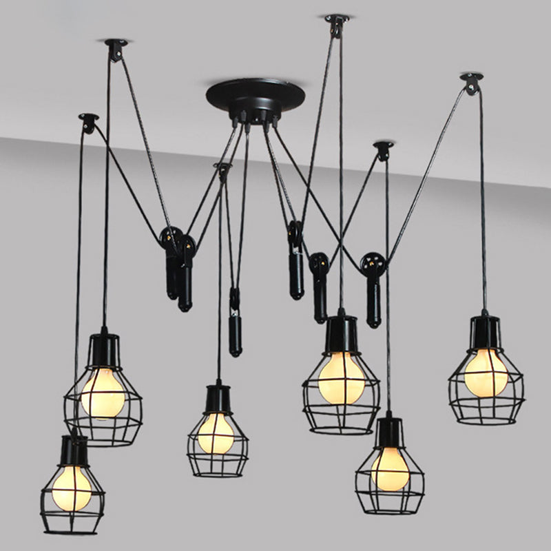 6 Lights Caged Swag Pendant Lighting Industrial Black Iron Multiple Hanging Light with Pulley Clearhalo 'Art Deco Pendants' 'Black' 'Cast Iron' 'Ceiling Lights' 'Ceramic' 'Crystal' 'Industrial Pendants' 'Industrial' 'Metal' 'Middle Century Pendants' 'Pendant Lights' 'Pendants' 'Rustic Pendants' 'Tiffany' Lighting' 1969234