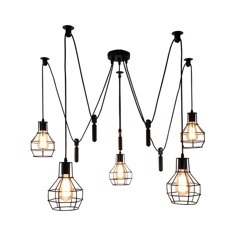 Ball-Shape Restaurant Multi Ceiling Light Rustic Iron 5-Light Black Pulley Swag Pendant Clearhalo 'Art Deco Pendants' 'Black' 'Cast Iron' 'Ceiling Lights' 'Ceramic' 'Crystal' 'Industrial Pendants' 'Industrial' 'Metal' 'Middle Century Pendants' 'Pendant Lights' 'Pendants' 'Rustic Pendants' 'Tiffany' Lighting' 1969242