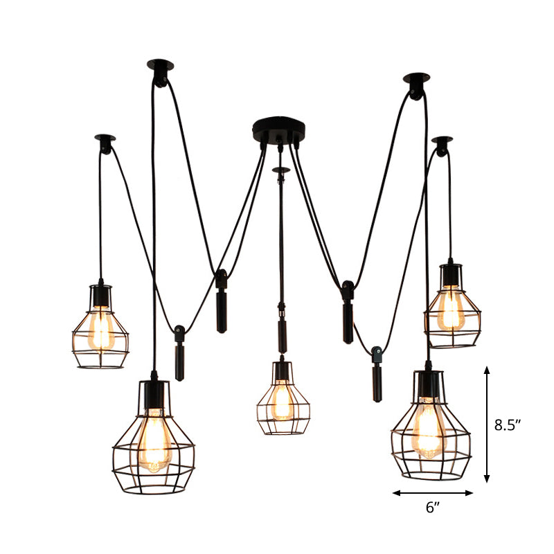 Ball-Shape Restaurant Multi Ceiling Light Rustic Iron 5-Light Black Pulley Swag Pendant Clearhalo 'Art Deco Pendants' 'Black' 'Cast Iron' 'Ceiling Lights' 'Ceramic' 'Crystal' 'Industrial Pendants' 'Industrial' 'Metal' 'Middle Century Pendants' 'Pendant Lights' 'Pendants' 'Rustic Pendants' 'Tiffany' Lighting' 1969243