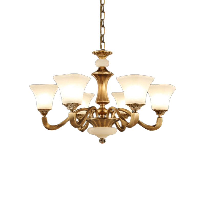 White Glass Pagoda Up Chandelier Traditional 3/6-Head Bedroom Hanging Pendant Light in Brass Clearhalo 'Ceiling Lights' 'Chandeliers' Lighting' options 1969750