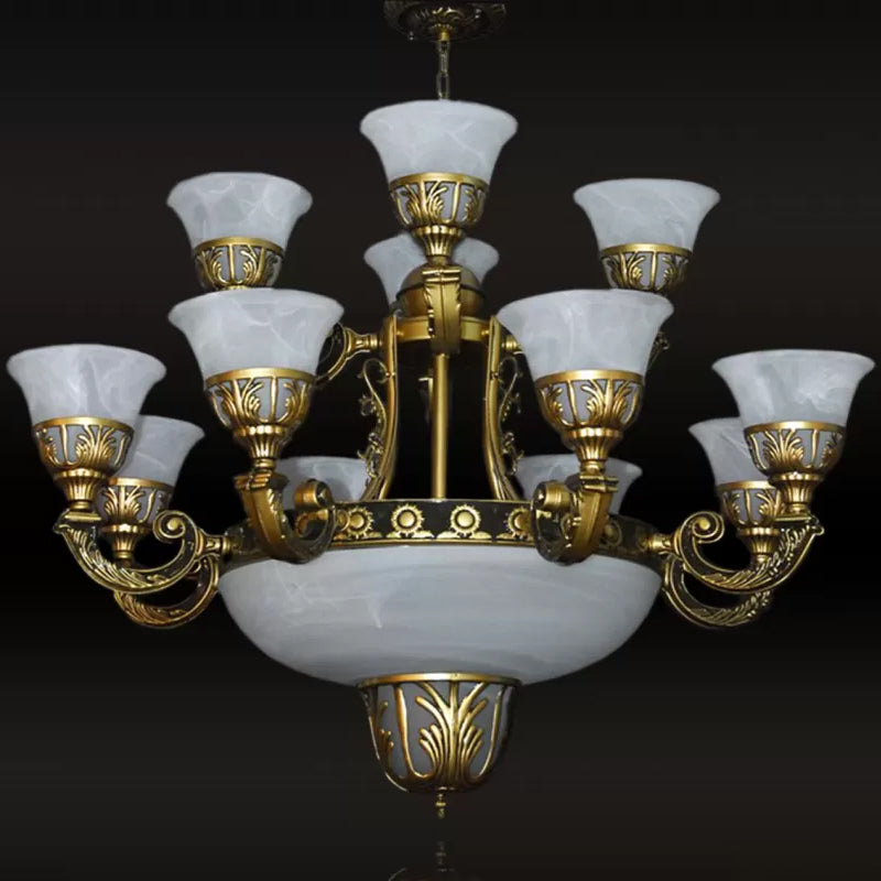 Traditional Style Bell Chandelier 15 Heads Alabaster Glass Up Hanging Ceiling Light in Brass Clearhalo 'Ceiling Lights' 'Chandeliers' Lighting' options 1969791