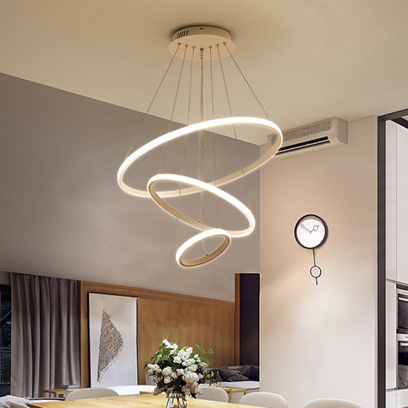 White/Coffee Circle Small/Large Chandelier Minimalist 3-Head Acrylic LED Ceiling Suspension Lamp White Clearhalo 'Ceiling Lights' 'Chandeliers' 'Modern Chandeliers' 'Modern' Lighting' 1969982