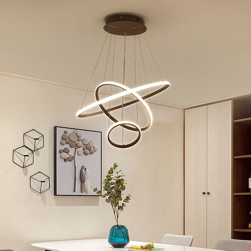 White/Coffee Circle Small/Large Chandelier Minimalist 3-Head Acrylic LED Ceiling Suspension Lamp Coffee Clearhalo 'Ceiling Lights' 'Chandeliers' 'Modern Chandeliers' 'Modern' Lighting' 1969988