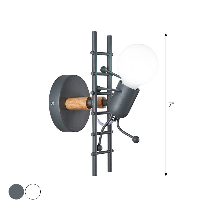 Grey/White and Wood Ladder Man Wall Sconce Cartoon 1-Bulb Metallic Wall Mounted Light Fixture Clearhalo 'Wall Lamps & Sconces' 'Wall Lights' Lighting' 1970283