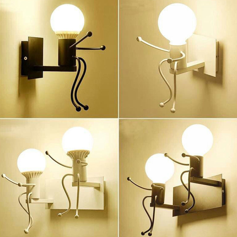 Small Man Metal Wall Sconce Light Art Deco 1/2-Bulb White Wall Mount Light for Kids Room Clearhalo 'Wall Lamps & Sconces' 'Wall Lights' Lighting' 1970288