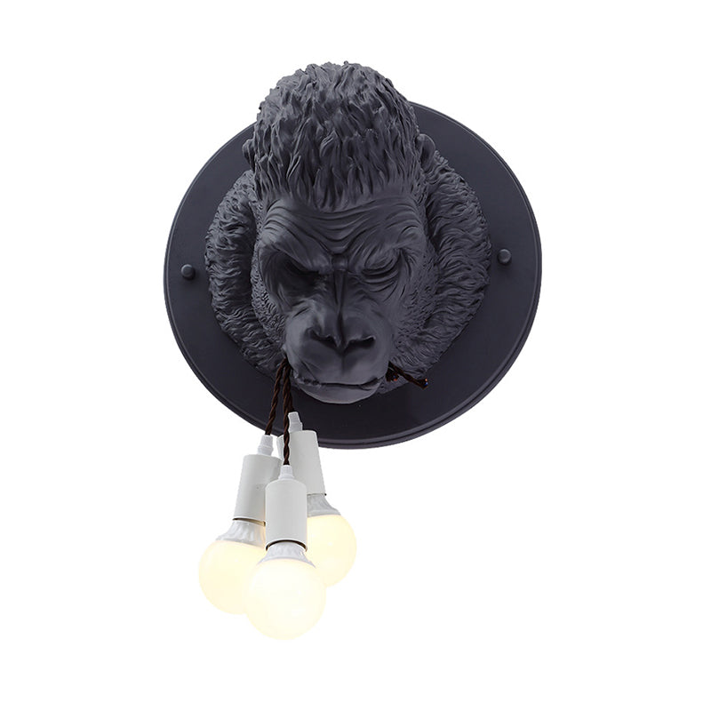 Orangutan Head Wall Mounted Lamp Decorative Resin 3 Lights Black/White Wall Sconce for Porch Black Clearhalo 'Wall Lamps & Sconces' 'Wall Lights' Lighting' 1970350