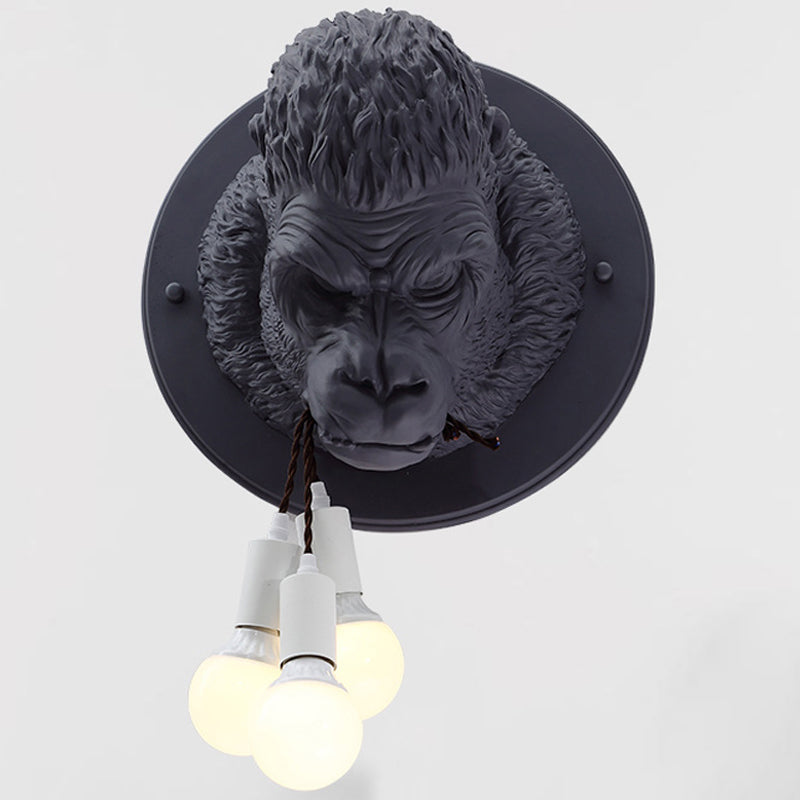 Orangutan Head Wall Mounted Lamp Decorative Resin 3 Lights Black/White Wall Sconce for Porch Clearhalo 'Wall Lamps & Sconces' 'Wall Lights' Lighting' 1970351