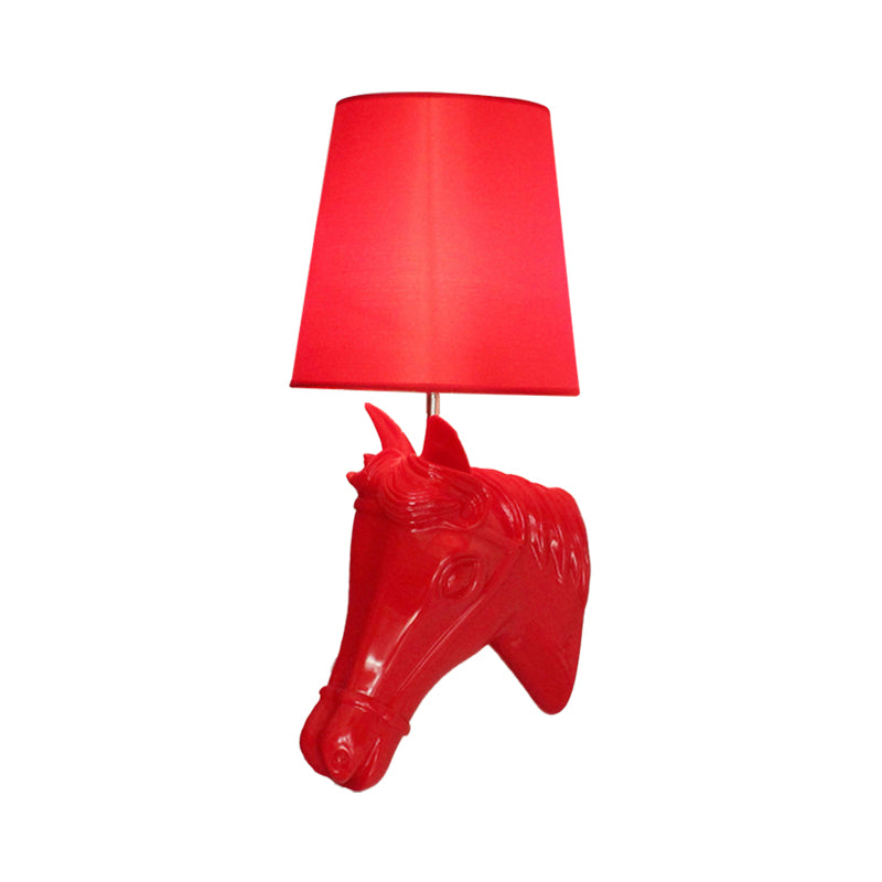 Resin Horse Head Wall Lamp Artistic 1-Bulb Black/White/Red Wall Sconce Light with Tapered Fabric Shade for Living Room Clearhalo 'Wall Lamps & Sconces' 'Wall Lights' Lighting' 1970354