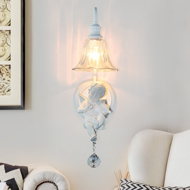 Cream Angel Wall Light Decorative 1-Head Resin Wall Mounted Lamp with Flower Clear Glass Shade and Crystal Orb Clearhalo 'Wall Lamps & Sconces' 'Wall Lights' Lighting' 1970369