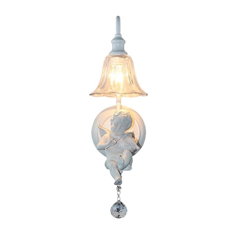 Cream Angel Wall Light Decorative 1-Head Resin Wall Mounted Lamp with Flower Clear Glass Shade and Crystal Orb Clearhalo 'Wall Lamps & Sconces' 'Wall Lights' Lighting' 1970370