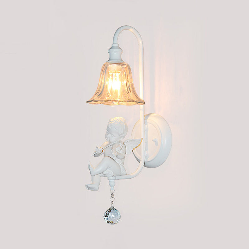 Cream Angel Wall Light Decorative 1-Head Resin Wall Mounted Lamp with Flower Clear Glass Shade and Crystal Orb Clearhalo 'Wall Lamps & Sconces' 'Wall Lights' Lighting' 1970371