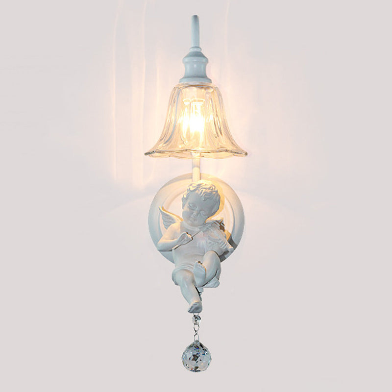 Cream Angel Wall Light Decorative 1-Head Resin Wall Mounted Lamp with Flower Clear Glass Shade and Crystal Orb Clearhalo 'Wall Lamps & Sconces' 'Wall Lights' Lighting' 1970372