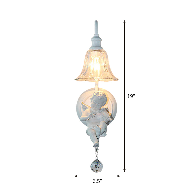 Cream Angel Wall Light Decorative 1-Head Resin Wall Mounted Lamp with Flower Clear Glass Shade and Crystal Orb Clearhalo 'Wall Lamps & Sconces' 'Wall Lights' Lighting' 1970373