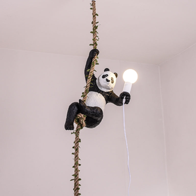 White and Black Panda Hanging Lamp Artistic 1-Bulb Rope Pendant Ceiling Light for Restaurant Clearhalo 'Ceiling Lights' 'Pendant Lights' 'Pendants' Lighting' 1970442