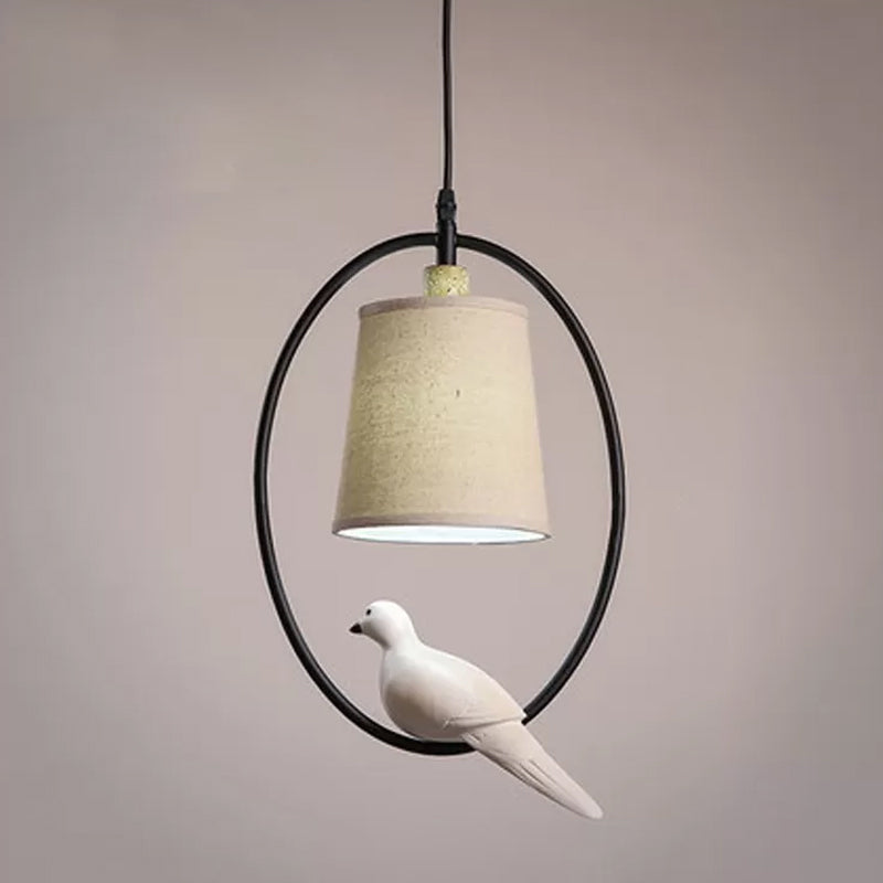 Cone Pendant Ceiling Light Artistic Fabric 1-Light White/Black Hanging Light with Bird Decor and Oval Frame Clearhalo 'Ceiling Lights' 'Pendant Lights' 'Pendants' Lighting' 1970519