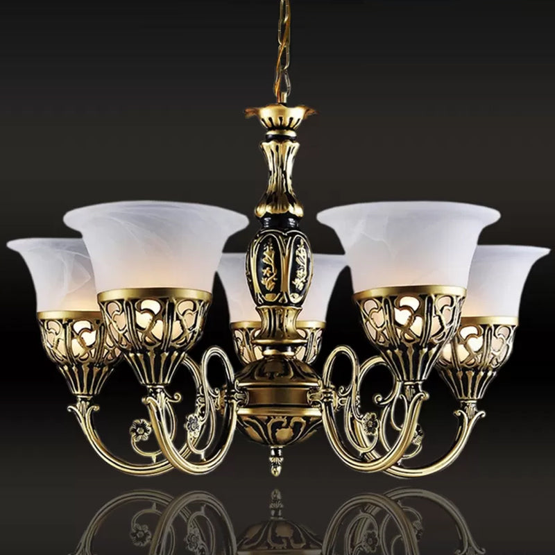 Vintage Bell Hanging Ceiling Light 5 Bulbs Opal Frosted Glass Chandelier with Scroll Arm in Bronze Bronze Clearhalo 'Ceiling Lights' 'Chandeliers' Lighting' options 1970925_387032c9-c250-4ca1-894a-492130f0d813