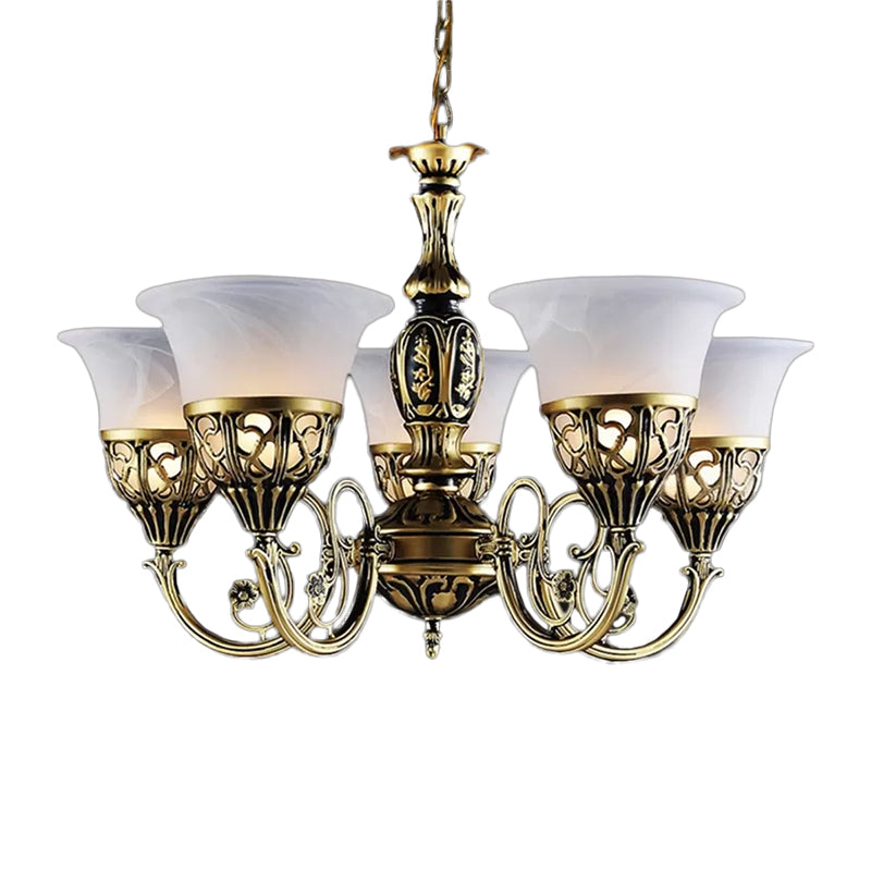 Vintage Bell Hanging Ceiling Light 5 Bulbs Opal Frosted Glass Chandelier with Scroll Arm in Bronze Clearhalo 'Ceiling Lights' 'Chandeliers' Lighting' options 1970926