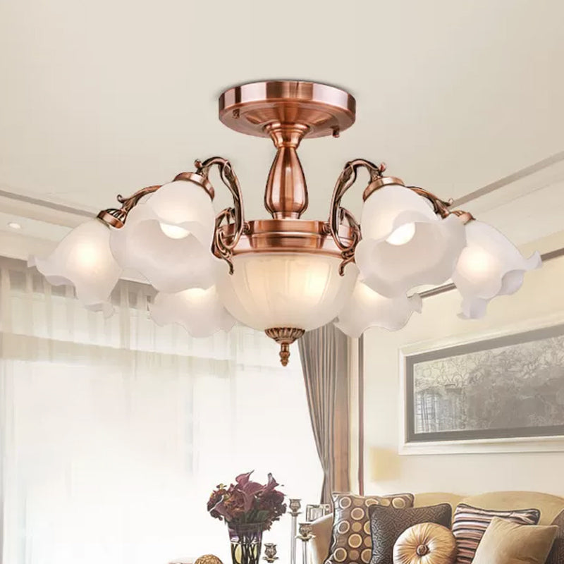 Bronze/Copper 8 Bulbs Semi Flush Light Rustic Opal Frosted Glass Ruffled Ceiling Mount Chandelier Copper Clearhalo 'Ceiling Lights' 'Close To Ceiling Lights' 'Close to ceiling' 'Semi-flushmount' Lighting' 1971058