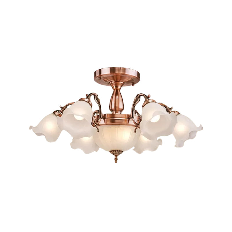 Bronze/Copper 8 Bulbs Semi Flush Light Rustic Opal Frosted Glass Ruffled Ceiling Mount Chandelier Clearhalo 'Ceiling Lights' 'Close To Ceiling Lights' 'Close to ceiling' 'Semi-flushmount' Lighting' 1971059