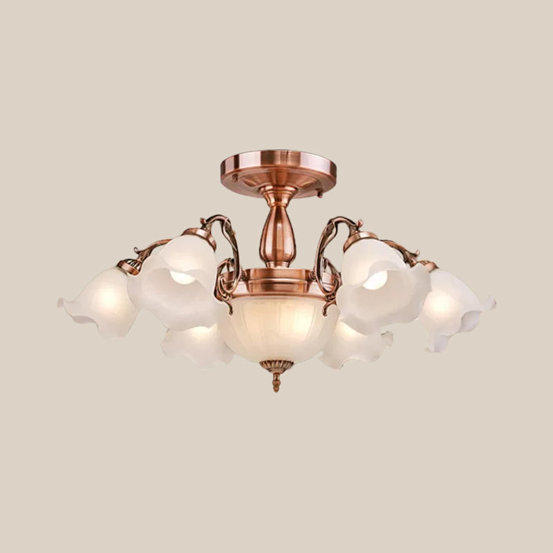 Bronze/Copper 8 Bulbs Semi Flush Light Rustic Opal Frosted Glass Ruffled Ceiling Mount Chandelier Clearhalo 'Ceiling Lights' 'Close To Ceiling Lights' 'Close to ceiling' 'Semi-flushmount' Lighting' 1971060