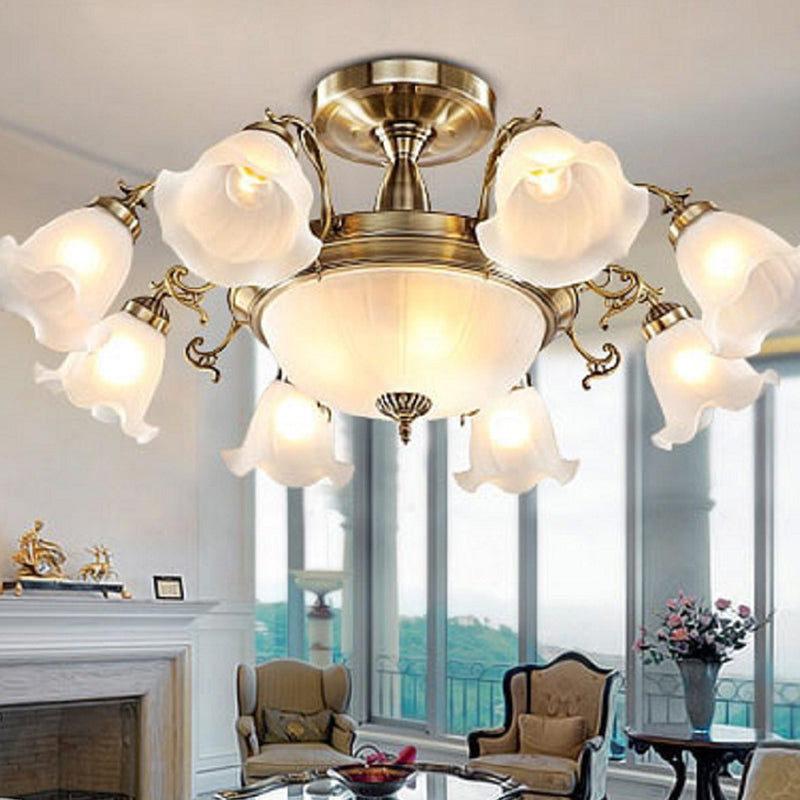 Bronze/Copper 8 Bulbs Semi Flush Light Rustic Opal Frosted Glass Ruffled Ceiling Mount Chandelier Bronze Clearhalo 'Ceiling Lights' 'Close To Ceiling Lights' 'Close to ceiling' 'Semi-flushmount' Lighting' 1971061