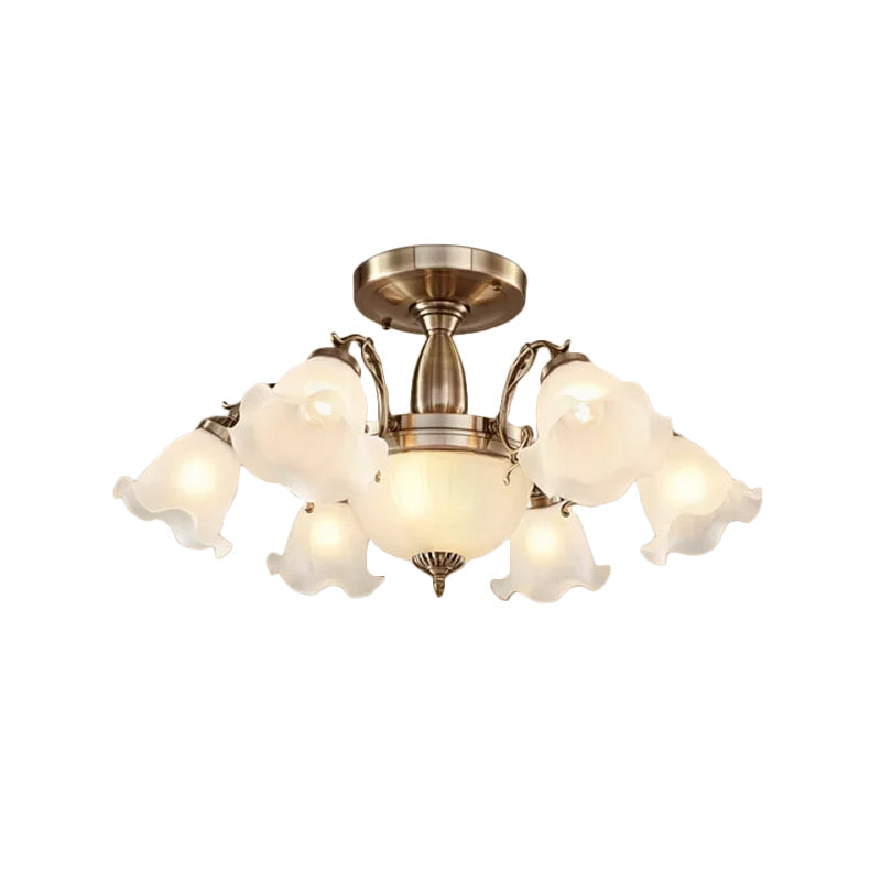 Bronze/Copper 8 Bulbs Semi Flush Light Rustic Opal Frosted Glass Ruffled Ceiling Mount Chandelier Clearhalo 'Ceiling Lights' 'Close To Ceiling Lights' 'Close to ceiling' 'Semi-flushmount' Lighting' 1971062