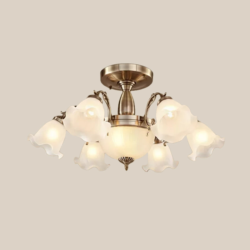 Bronze/Copper 8 Bulbs Semi Flush Light Rustic Opal Frosted Glass Ruffled Ceiling Mount Chandelier Clearhalo 'Ceiling Lights' 'Close To Ceiling Lights' 'Close to ceiling' 'Semi-flushmount' Lighting' 1971063