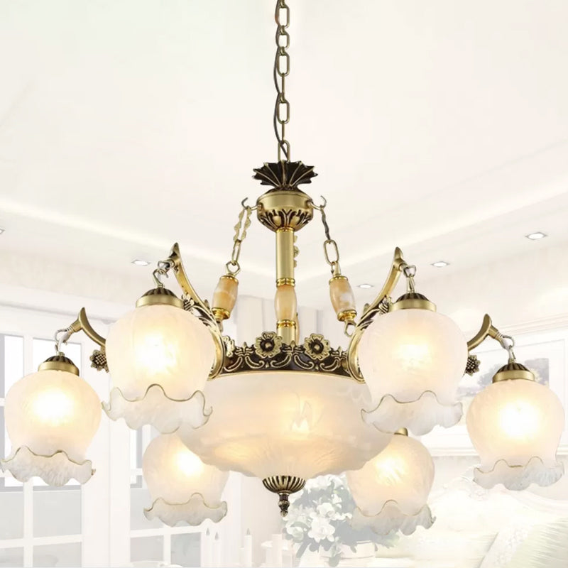 Traditional Floral Pendant Light Fixture 9-Bulb Frosted White Glass Chandelier Lamp in Bronze White Clearhalo 'Ceiling Lights' 'Chandeliers' Lighting' options 1971065_f13e1fd8-b163-418a-8823-24090c87f6aa