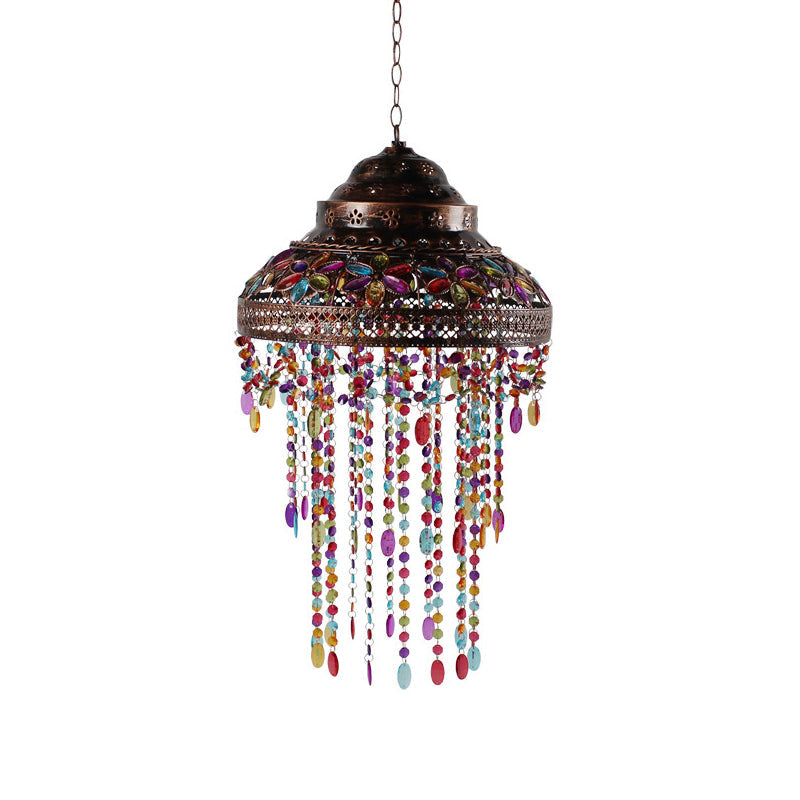 Bowl Dining Room Down Lighting Pendant Boho Stained Glass 1-Light Copper Hanging Lamp with Beaded Drape Clearhalo 'Ceiling Lights' 'Pendant Lights' 'Pendants' Lighting' 1971234