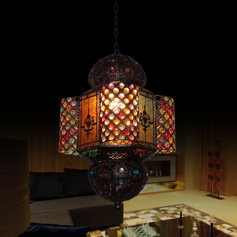 Moroccan Lantern Hanging Light Kit Handcrafted Stained Glass 1 Bulb Suspension Pendant in Copper Clearhalo 'Ceiling Lights' 'Pendant Lights' 'Pendants' Lighting' 1971237