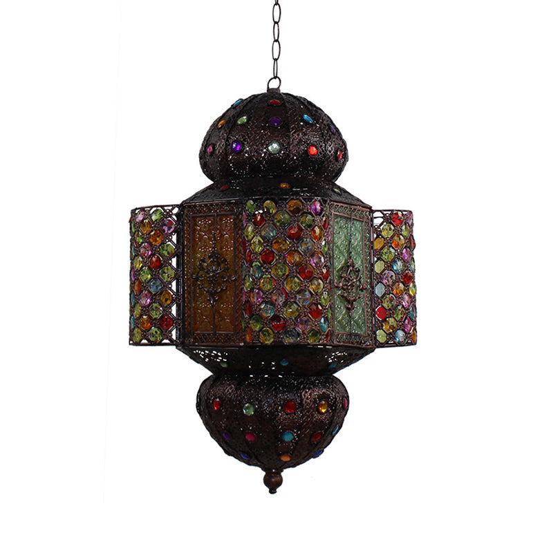 Moroccan Lantern Hanging Light Kit Handcrafted Stained Glass 1 Bulb Suspension Pendant in Copper Clearhalo 'Ceiling Lights' 'Pendant Lights' 'Pendants' Lighting' 1971239