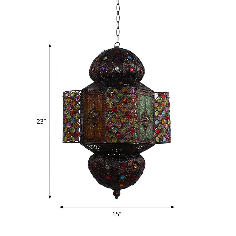 Moroccan Lantern Hanging Light Kit Handcrafted Stained Glass 1 Bulb Suspension Pendant in Copper Clearhalo 'Ceiling Lights' 'Pendant Lights' 'Pendants' Lighting' 1971240