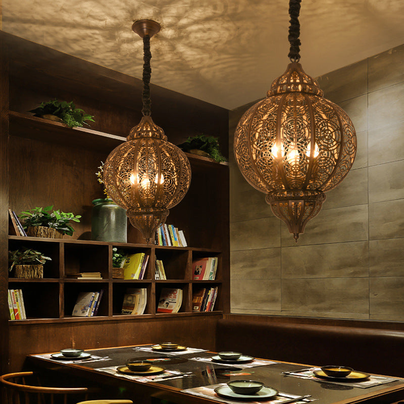 Bronze Globe Ceiling Hanging Lantern Turkish Iron 3-Light Restaurant Hollowed out Chandelier Lamp Clearhalo 'Ceiling Lights' 'Pendant Lights' 'Pendants' Lighting' 1971242