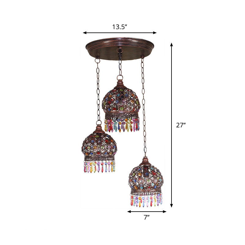 3 Bulbs Cluster Pendant Light Bohemia Hollowed-out Dome Stained Glass Hanging Light with Fringe in Copper, Round/Linear Canopy Clearhalo 'Ceiling Lights' 'Pendant Lights' 'Pendants' Lighting' 1971266