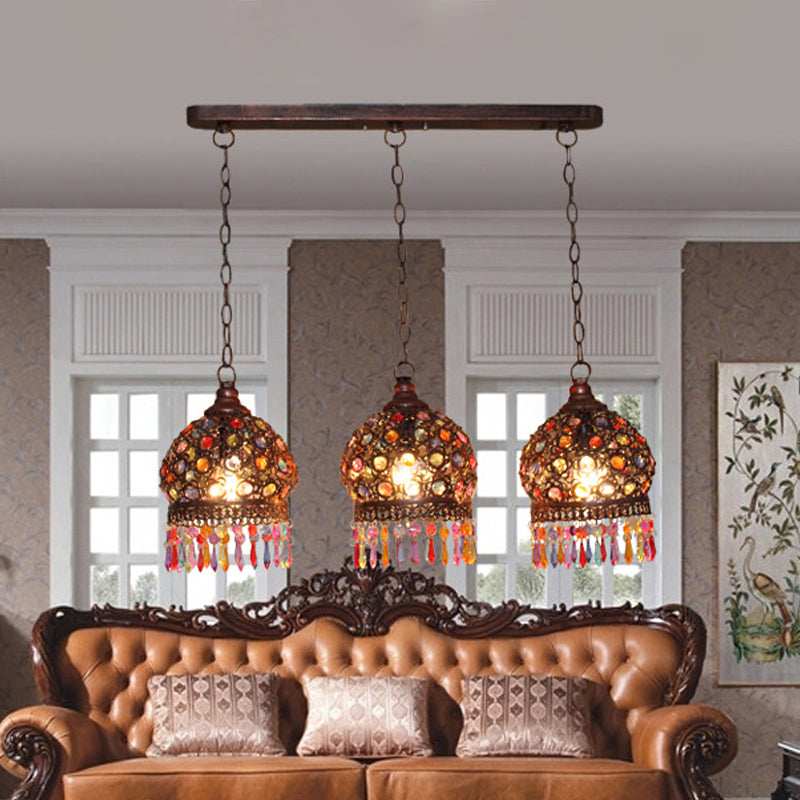 3 Bulbs Cluster Pendant Light Bohemia Hollowed-out Dome Stained Glass Hanging Light with Fringe in Copper, Round/Linear Canopy Clearhalo 'Ceiling Lights' 'Pendant Lights' 'Pendants' Lighting' 1971267