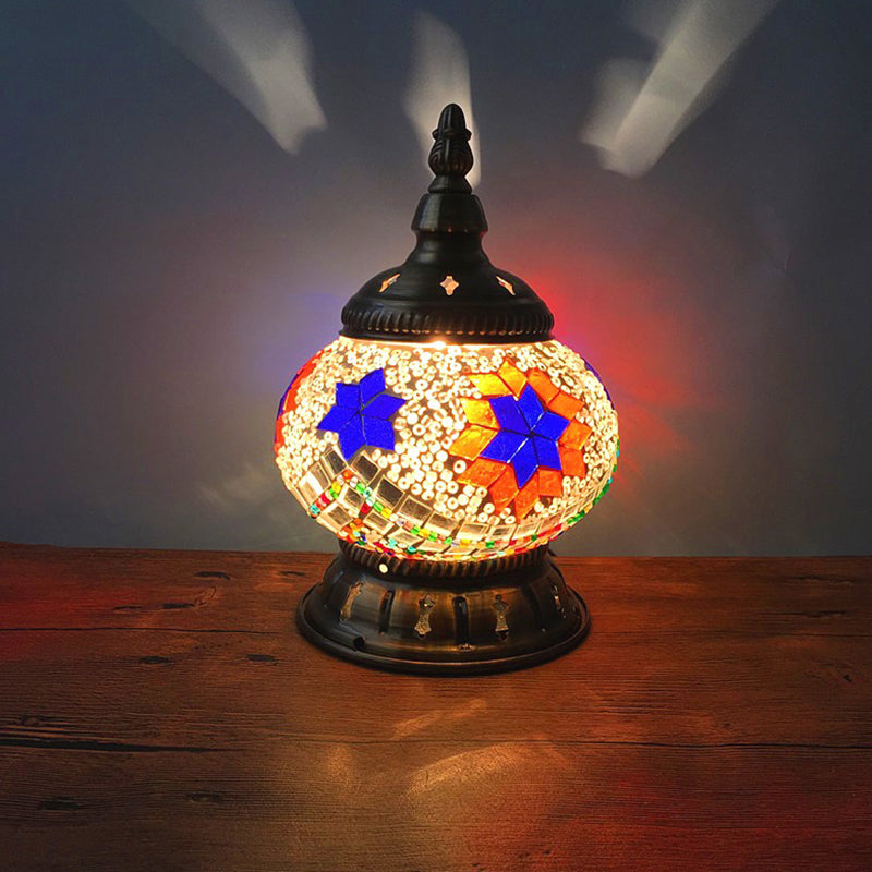 Stained Art Glass Pumpkin Night Lamp Moroccan 1 Bulb Bedroom Table Lighting in Blue/Orange/White White Clearhalo 'Lamps' 'Table Lamps' Lighting' 1971354