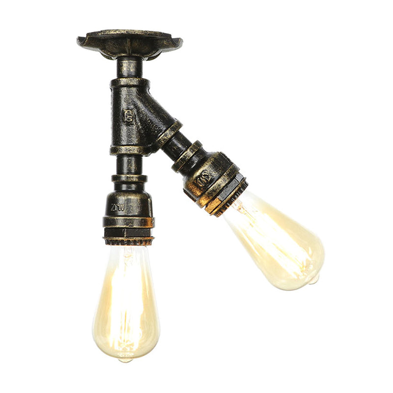 Metal Piping Semi Flush Light Farmhouse 2 Lights Foyer Ceiling Flush Mount in Antique Brass/Aged Silver/Antique Bronze Antique Bronze A Clearhalo 'Ceiling Lights' 'Close To Ceiling Lights' 'Close to ceiling' 'Semi-flushmount' Lighting' 1971668