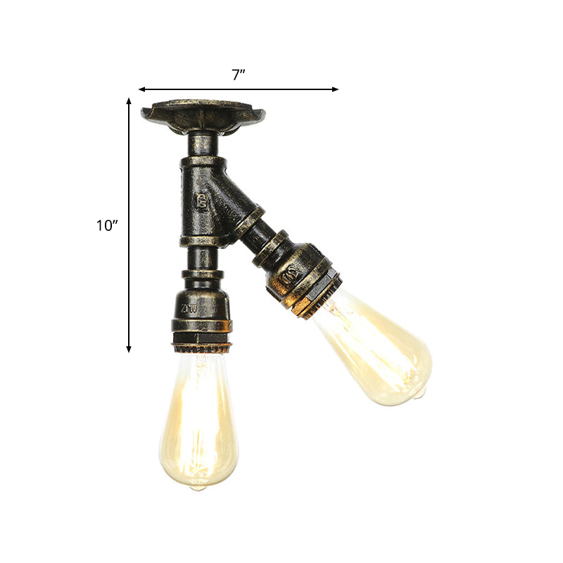 Metal Piping Semi Flush Light Farmhouse 2 Lights Foyer Ceiling Flush Mount in Antique Brass/Aged Silver/Antique Bronze Clearhalo 'Ceiling Lights' 'Close To Ceiling Lights' 'Close to ceiling' 'Semi-flushmount' Lighting' 1971669