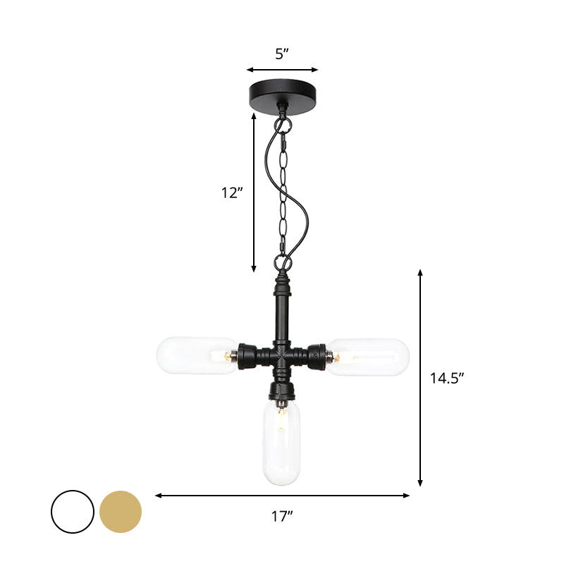 Amber/Clear Glass Pipe Chandelier Lighting Industrial 3 Heads Dining Room LED Ceiling Hang Fixture Clearhalo 'Ceiling Lights' 'Chandeliers' 'Clear' 'Glass shade' 'Glass' 'Industrial Chandeliers' 'Industrial' 'Middle Century Chandeliers' 'Modern' 'Tiffany' 'Traditional Chandeliers' Lighting' 1971939