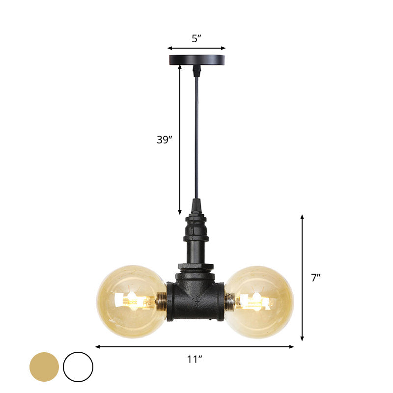 2 Bulbs Chandelier Pendant Lighting Vintage Sphere Amber/Clear Glass Hanging Lamp Fixture in Black Clearhalo 'Ceiling Lights' 'Chandeliers' 'Clear' 'Glass shade' 'Glass' 'Industrial Chandeliers' 'Industrial' 'Middle Century Chandeliers' 'Modern' 'Tiffany' 'Traditional Chandeliers' Lighting' 1971976