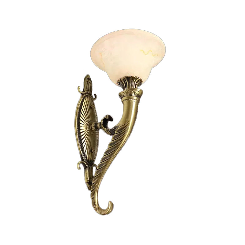 Bronze Scroll Arm Wall Lamp Traditional Metal 1 Bulb Kitchen Wall Mount Light with Bell White Glass Shade Clearhalo 'Wall Lamps & Sconces' 'Wall Lights' Lighting' 1972143