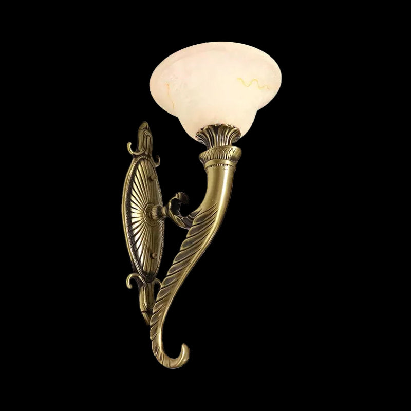 Bronze Scroll Arm Wall Lamp Traditional Metal 1 Bulb Kitchen Wall Mount Light with Bell White Glass Shade Clearhalo 'Wall Lamps & Sconces' 'Wall Lights' Lighting' 1972144