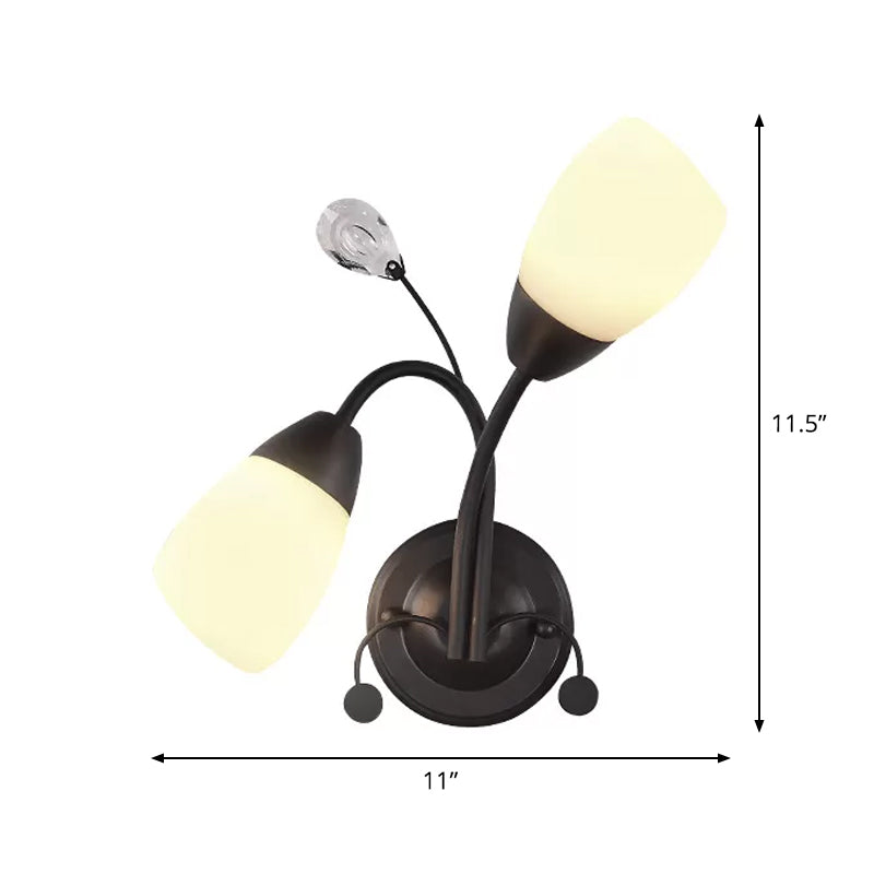 2-Head Tulip Wall Mount Light Countryside Black Ivory Glass Sconce Lamp with Crystal Accent Clearhalo 'Wall Lamps & Sconces' 'Wall Lights' Lighting' 1972151