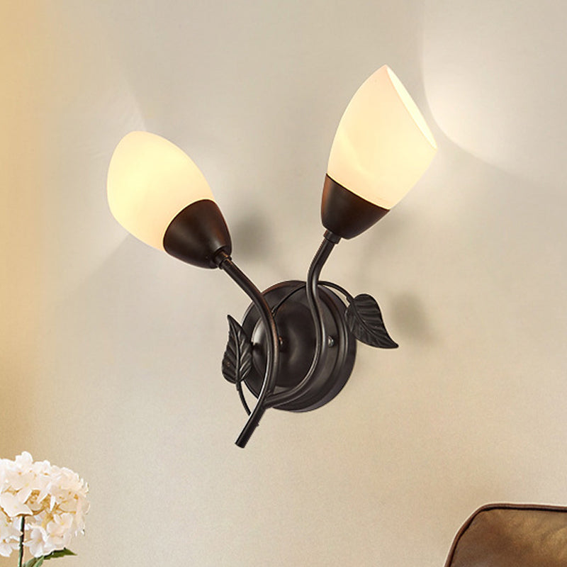 Rustic Tulip Wall Sconce Light 2 Bulbs Opal Frosted Glass Wall Mounted Lamp in Black/Gold for Bedroom Clearhalo 'Wall Lamps & Sconces' 'Wall Lights' Lighting' 1972158